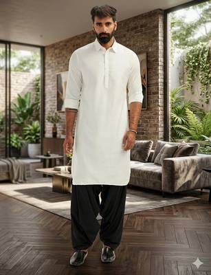 off white cotton men's pathani kurta pajama set 1
