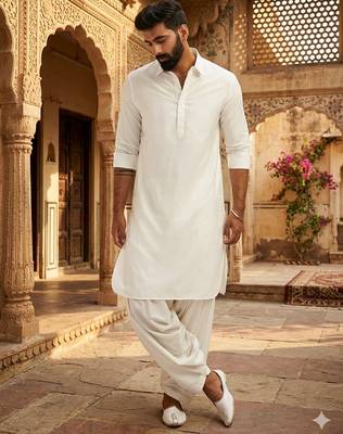 Classic off white cotton men's pathani kurta pajama set 1