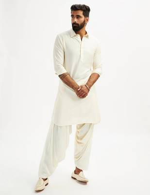 Classic off white cotton men's pathani kurta pajama set 2