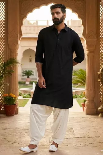 black cotton men's pathani kurta pajama set