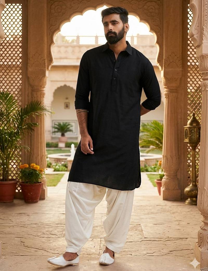 Classic black cotton men's pathani kurta pajama set