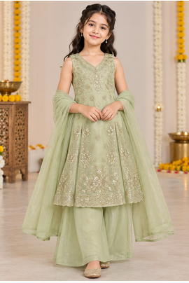Sage green sequins embroidered kurti palazzo girls festive set with dupatta 1