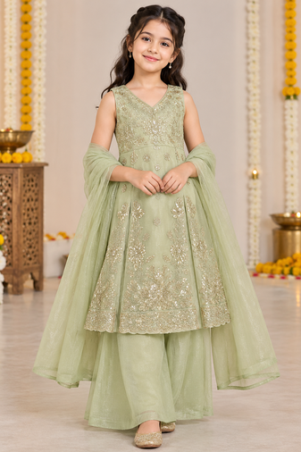 Sage green sequins embroidered kurti palazzo girls festive set with dupatta