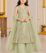 Sage green sequins embroidered kurti palazzo girls festive set with dupatta
