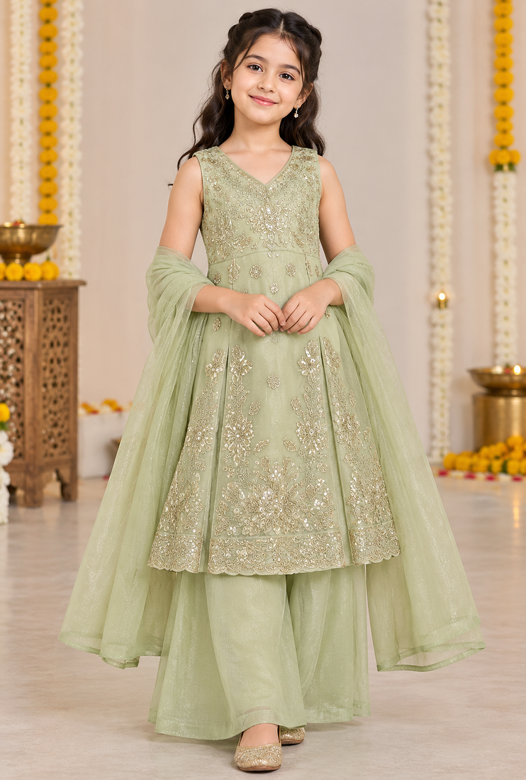 Sage green sequins embroidered kurti palazzo girls festive set with dupatta