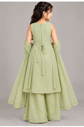 Sage green sequins embroidered kurti palazzo girls festive set with dupatta 2