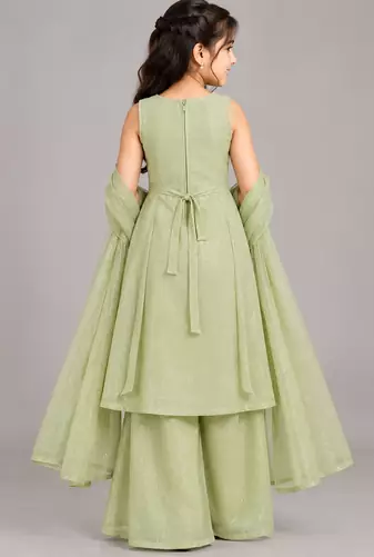 Sage green sequins embroidered kurti palazzo girls festive set with dupatta