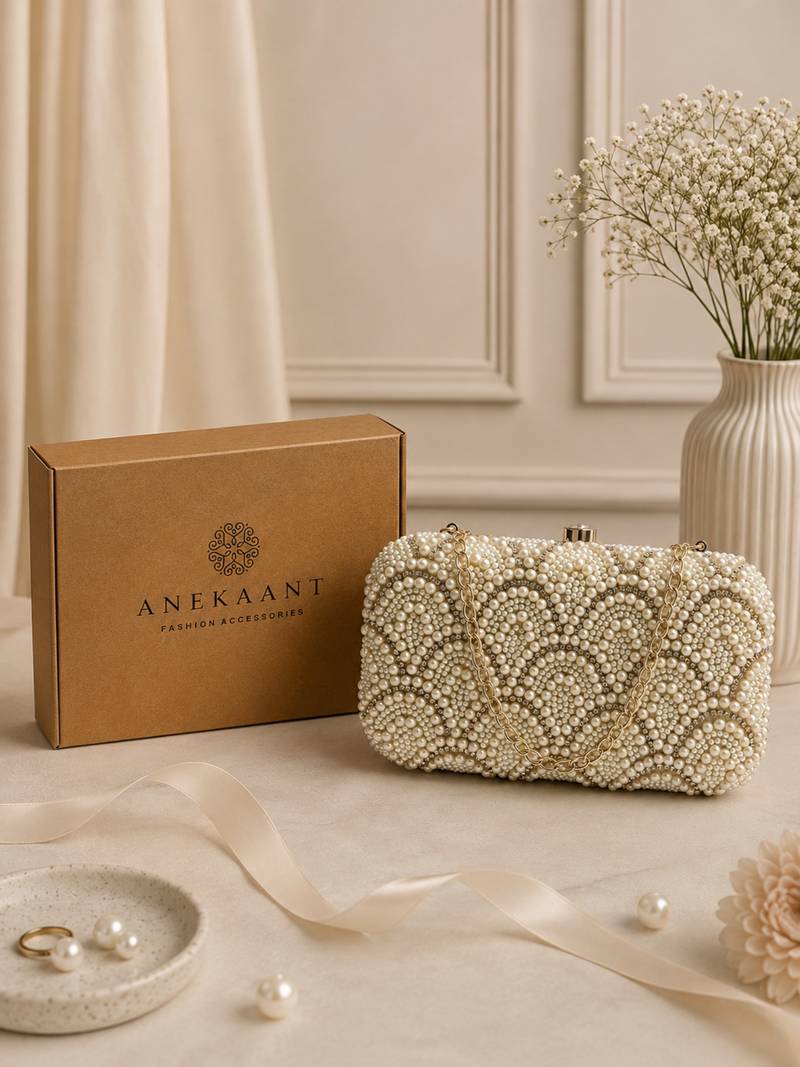 adorn pearl embellished clutch with signature gift box