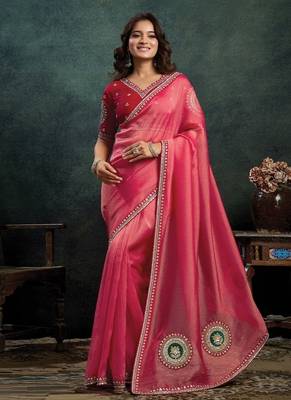 rasberry zari organza sequince embroidery with stone work designer saree 1
