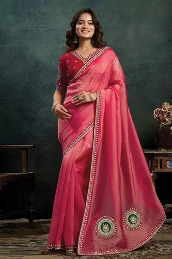 rasberry zari organza sequince embroidery with stone work designer saree