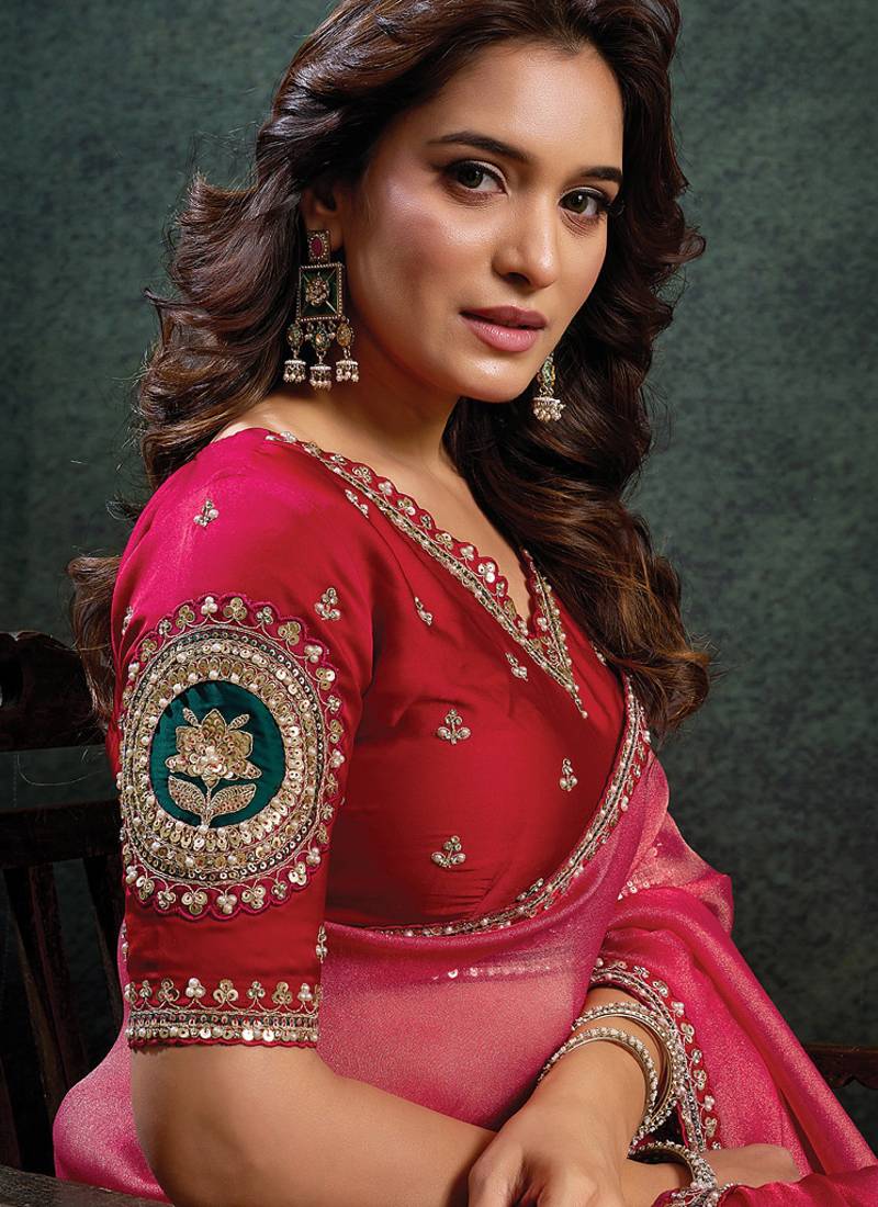 rasberry zari organza sequince embroidery with stone work designer saree
