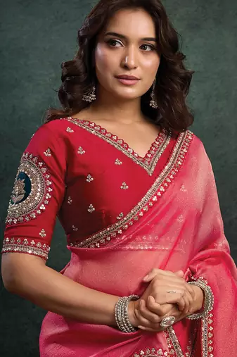 rasberry zari organza sequince embroidery with stone work designer saree