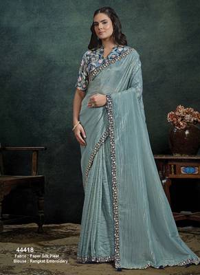 steel blue paper silk blend thread & sequince work designer saree 1