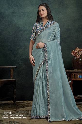 steel blue paper silk blend thread & sequince work designer saree