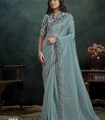 steel blue paper silk blend thread & sequince work designer saree