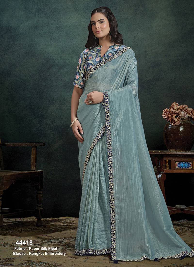 steel blue paper silk blend thread & sequince work designer saree