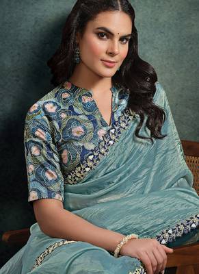 steel blue paper silk blend thread & sequince work designer saree 2