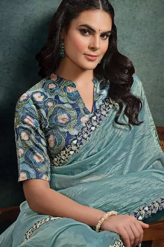 steel blue paper silk blend thread & sequince work designer saree