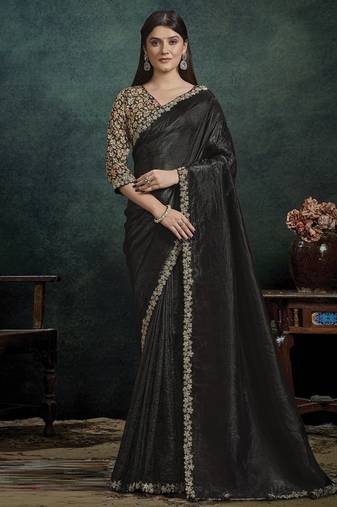 black paper silk blend thread work designer saree
