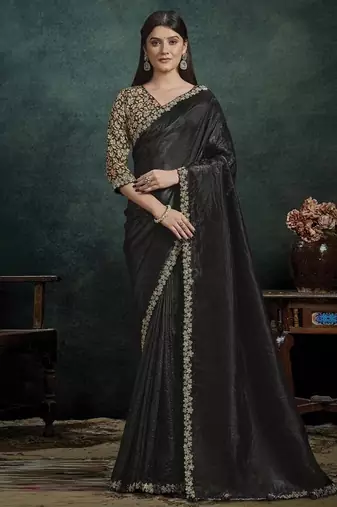 black paper silk blend thread work designer saree