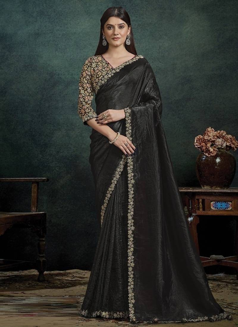 black paper silk blend thread work designer saree
