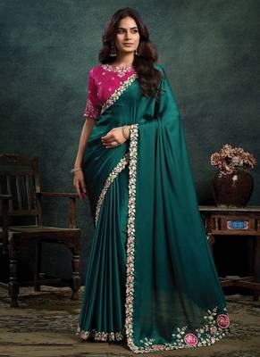 Rama green satin silk thread embroidery with stone & applique work designer saree 1