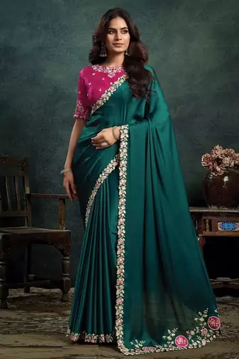 Rama green satin silk thread embroidery with stone & applique work designer saree