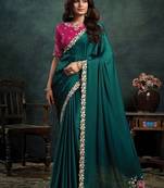 Rama green satin silk thread embroidery with stone & applique work designer saree