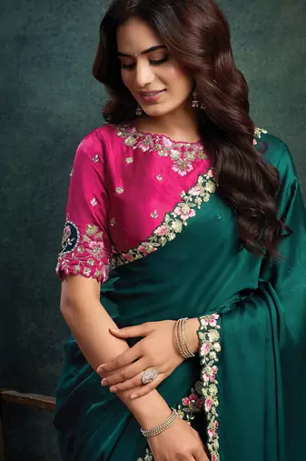 Rama green satin silk thread embroidery with stone & applique work designer saree