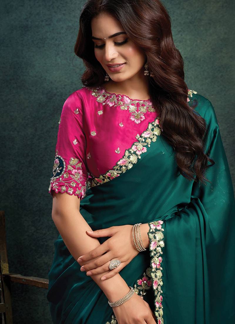 Rama green satin silk thread embroidery with stone & applique work designer saree