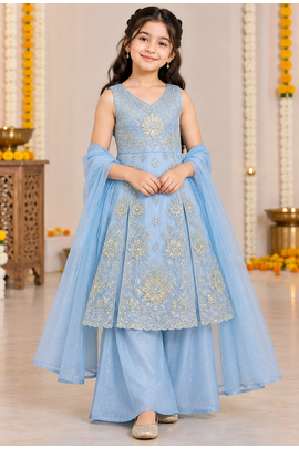 Steel blue sequins embroidered kurti palazzo girls festive set with dupatta 1