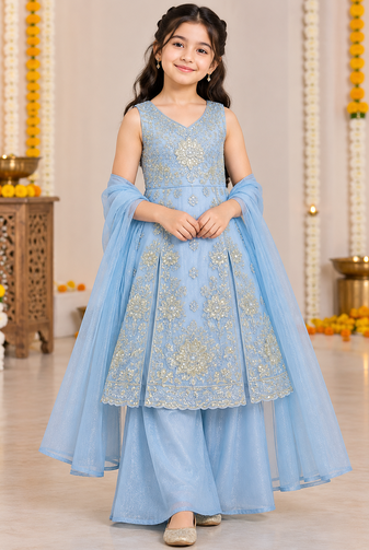 Steel blue sequins embroidered kurti palazzo girls festive set with dupatta