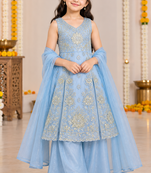 Steel blue sequins embroidered kurti palazzo girls festive set with dupatta