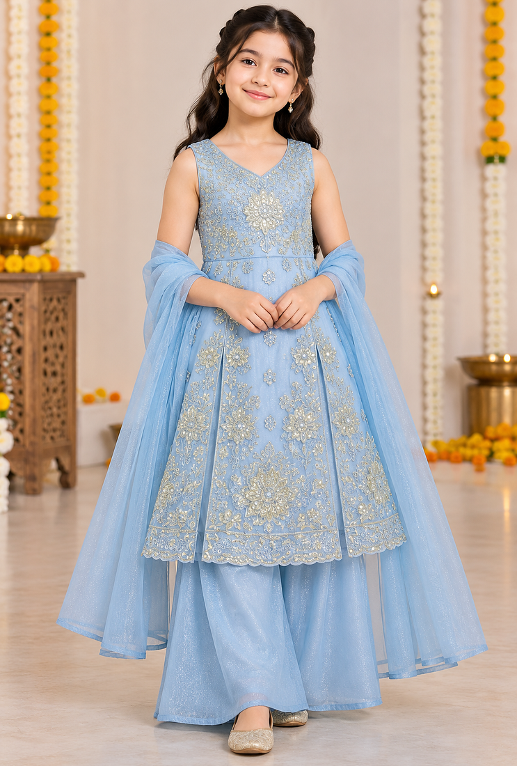 Steel blue sequins embroidered kurti palazzo girls festive set with dupatta