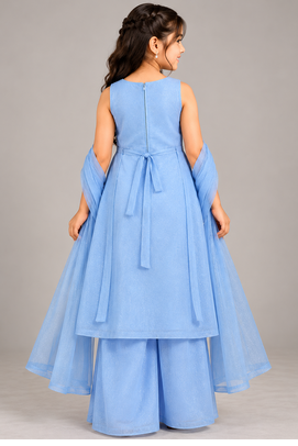 Steel blue sequins embroidered kurti palazzo girls festive set with dupatta 2