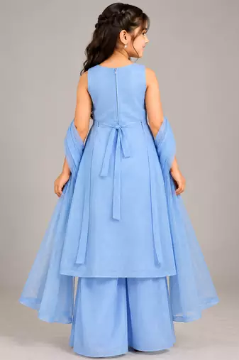 Steel blue sequins embroidered kurti palazzo girls festive set with dupatta