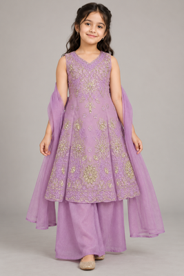 Purple sequins embroidered kurti palazzo girls festive set with dupatta 6