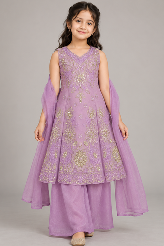Purple sequins embroidered kurti palazzo girls festive set with dupatta