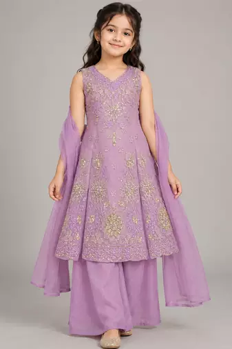 Purple sequins embroidered kurti palazzo girls festive set with dupatta