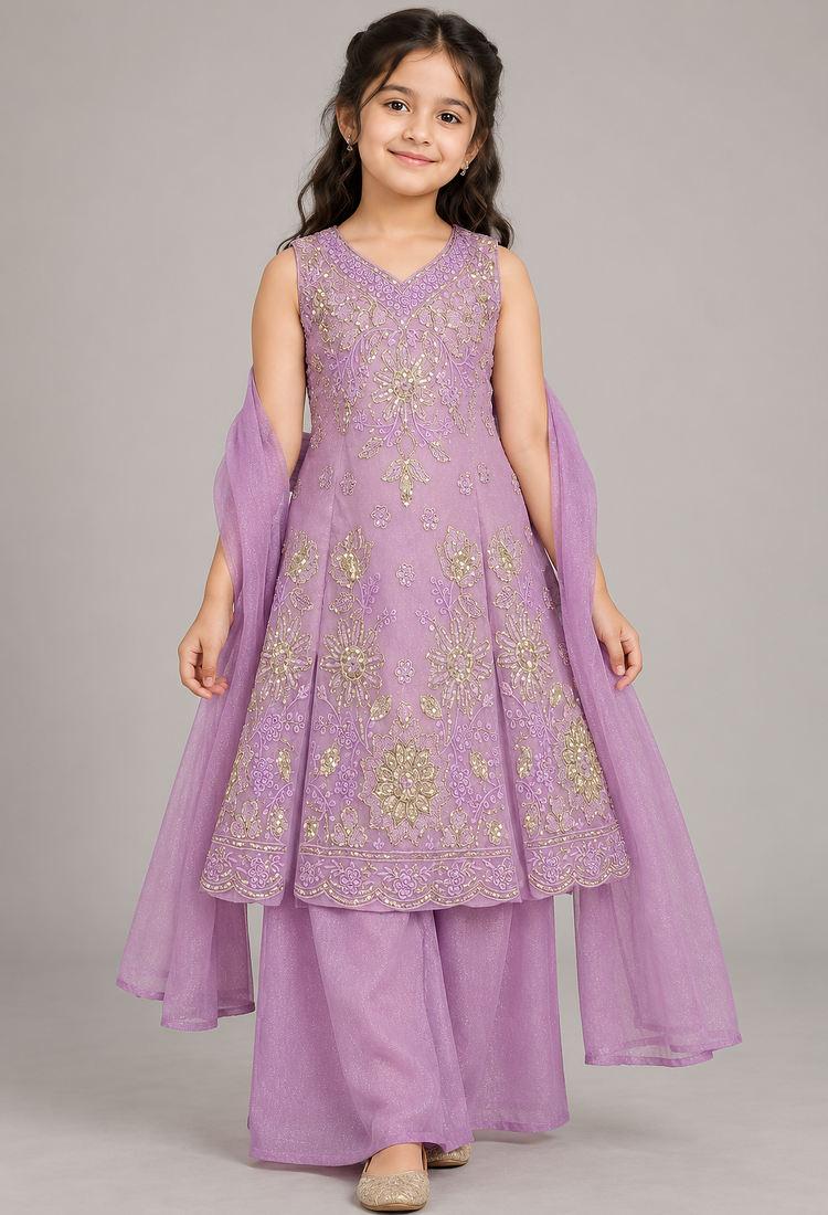 Purple sequins embroidered kurti palazzo girls festive set with dupatta