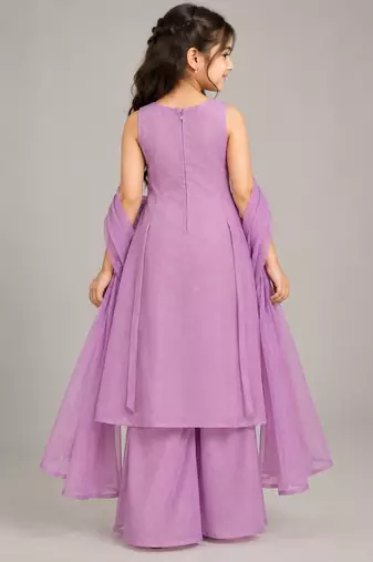 Purple sequins embroidered kurti palazzo girls festive set with dupatta