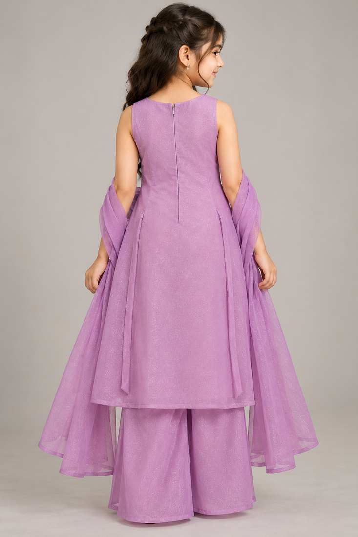 Purple sequins embroidered kurti palazzo girls festive set with dupatta