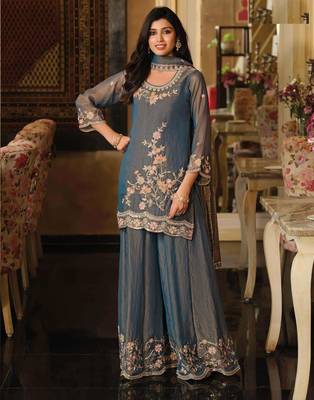 Blue moss silk handwork full stitched free size upto 44 wedding suits 1