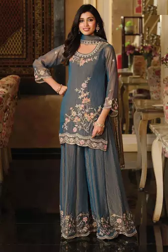 Blue moss silk handwork full stitched free size upto 44 wedding suits