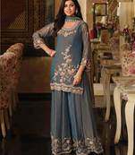 Blue moss silk handwork full stitched free size upto 44 wedding suits