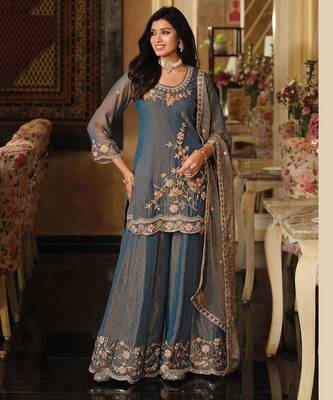 Blue moss silk handwork full stitched free size upto 44 wedding suits 2
