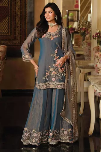 Blue moss silk handwork full stitched free size upto 44 wedding suits