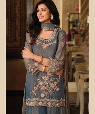 Blue moss silk handwork full stitched free size upto 44 wedding suits 3