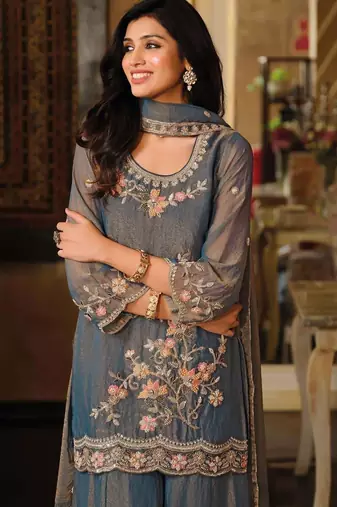 Blue moss silk handwork full stitched free size upto 44 wedding suits