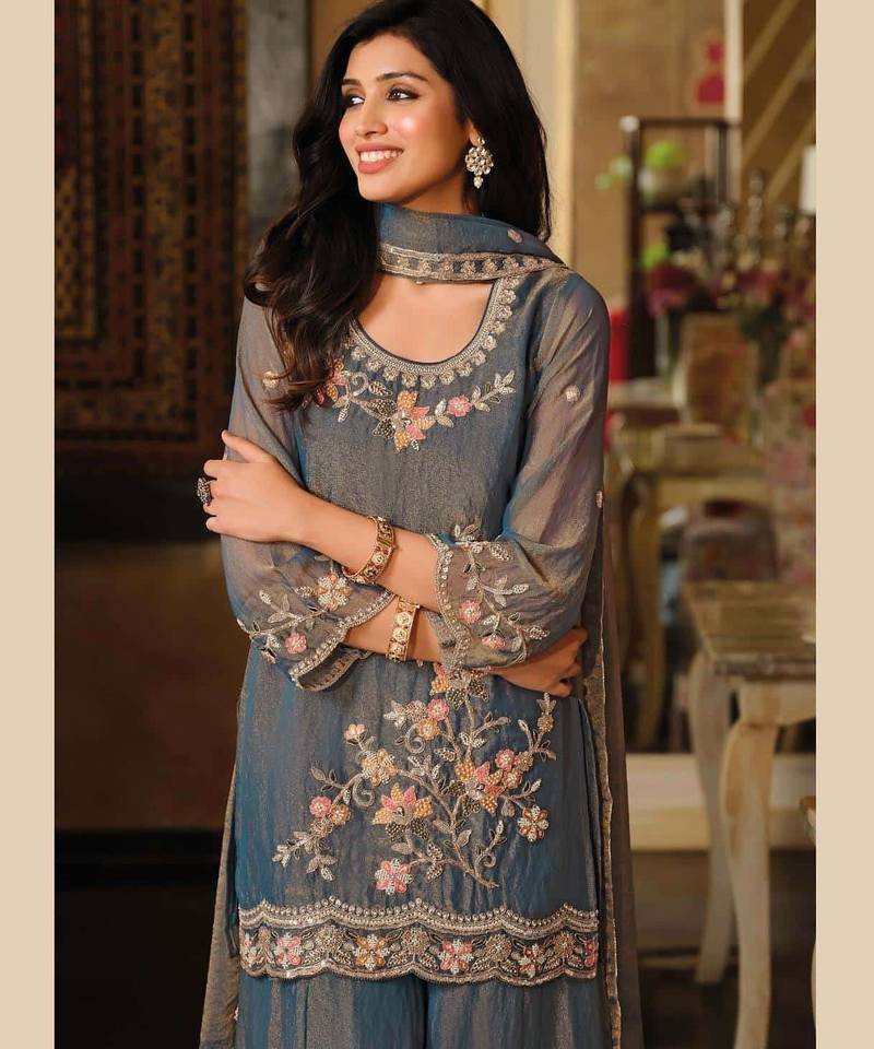 Blue moss silk handwork full stitched free size upto 44 wedding suits